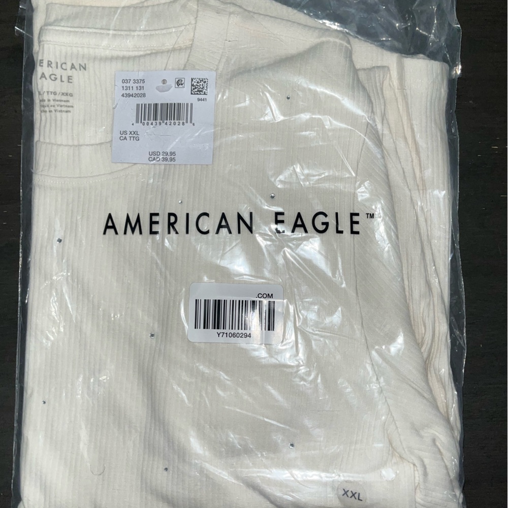 American Eagle Off-White Ribbed Crewneck Top with Rhinestones